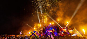 Fire stage at Elements Fest with fireworks.