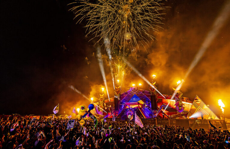 Fire stage at Elements Fest with fireworks.